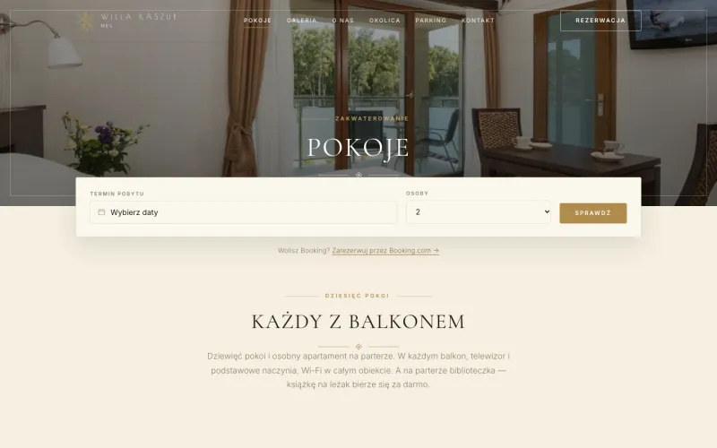 Strona pokoi Willi Kaszub z wyszukiwarką wolnych terminów i odnośnikiem do rezerwacji przez Booking.com
